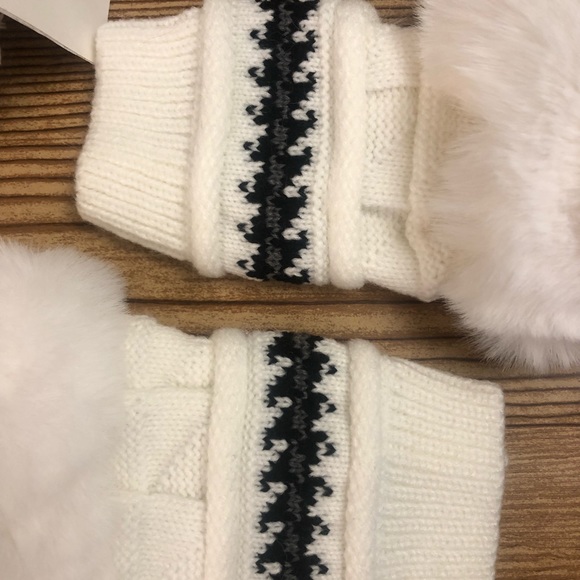 White Geometric Trim Faux Fur Pom-Pom Ear-Flap Beanie & Fingerless Glove… - Picture 4 of 7